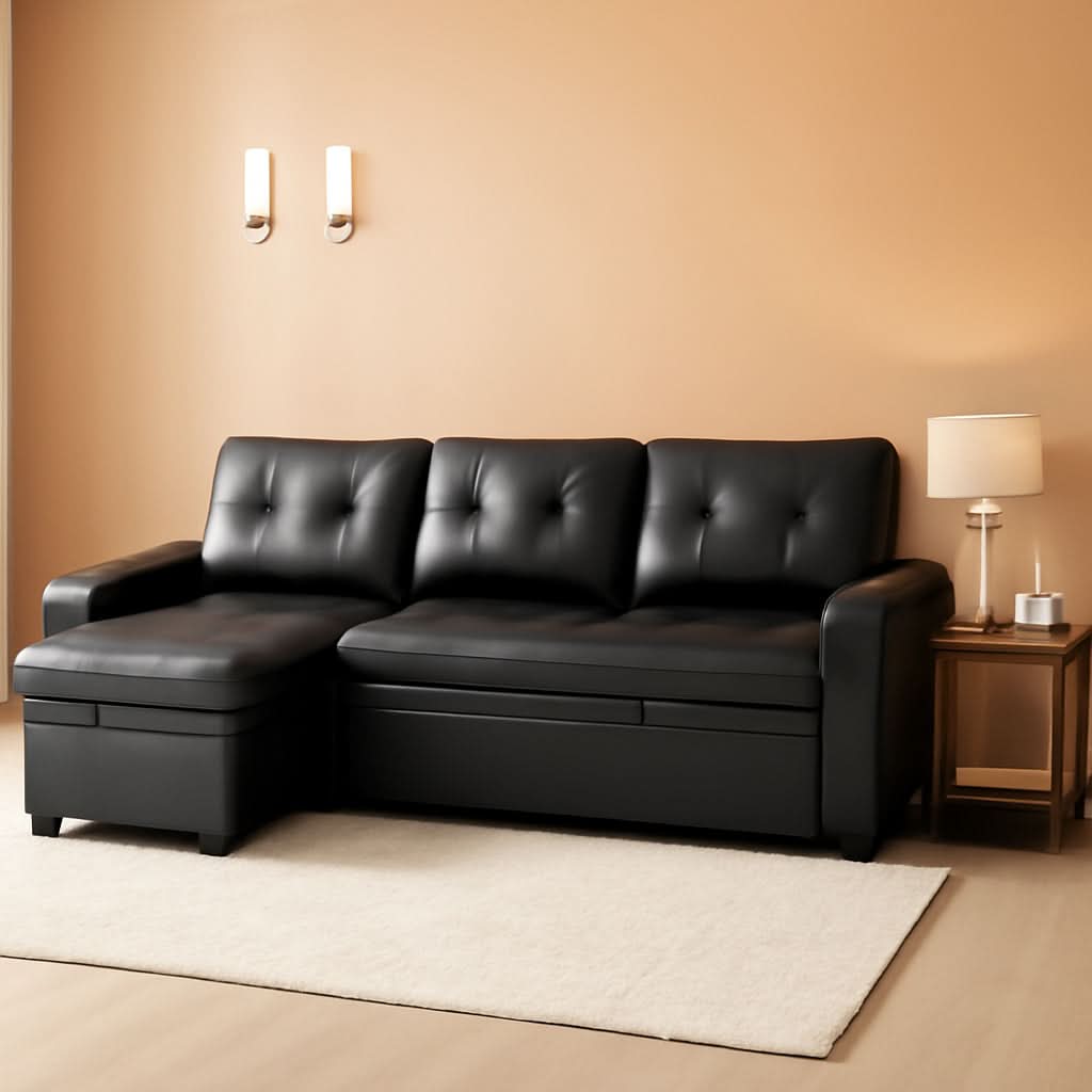 Sleeper Sectional Sofa Black Leather With Convertible Bed