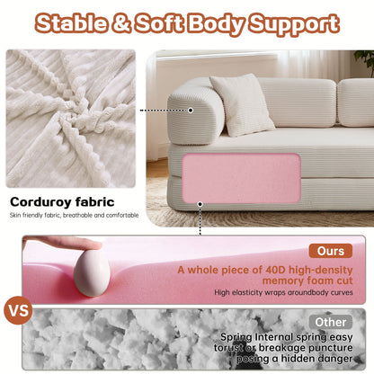 Sofa Floor Low Profile 5-in-1 Corduroy Cream Sleeper with Blanket 74.8 In