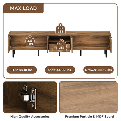 TV Stand Natural Wood Checkered MDF Soft-Close Doors Fits 85 In TV 78.7 In