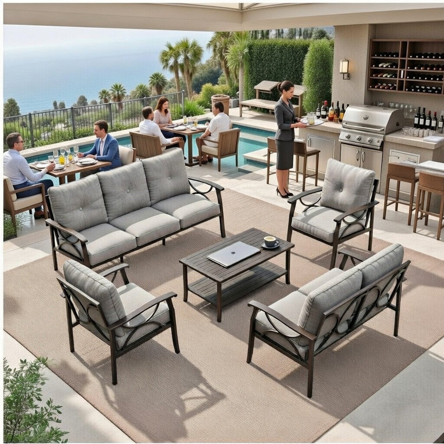 5 Piece Outdoor Patio Set Steel Seats 7 Gray