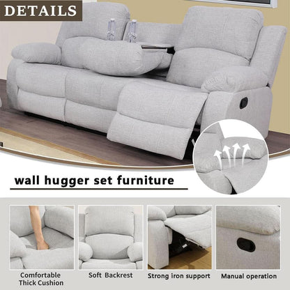 Grey White Microfiber Leather Recliner Sofa Set Living Room