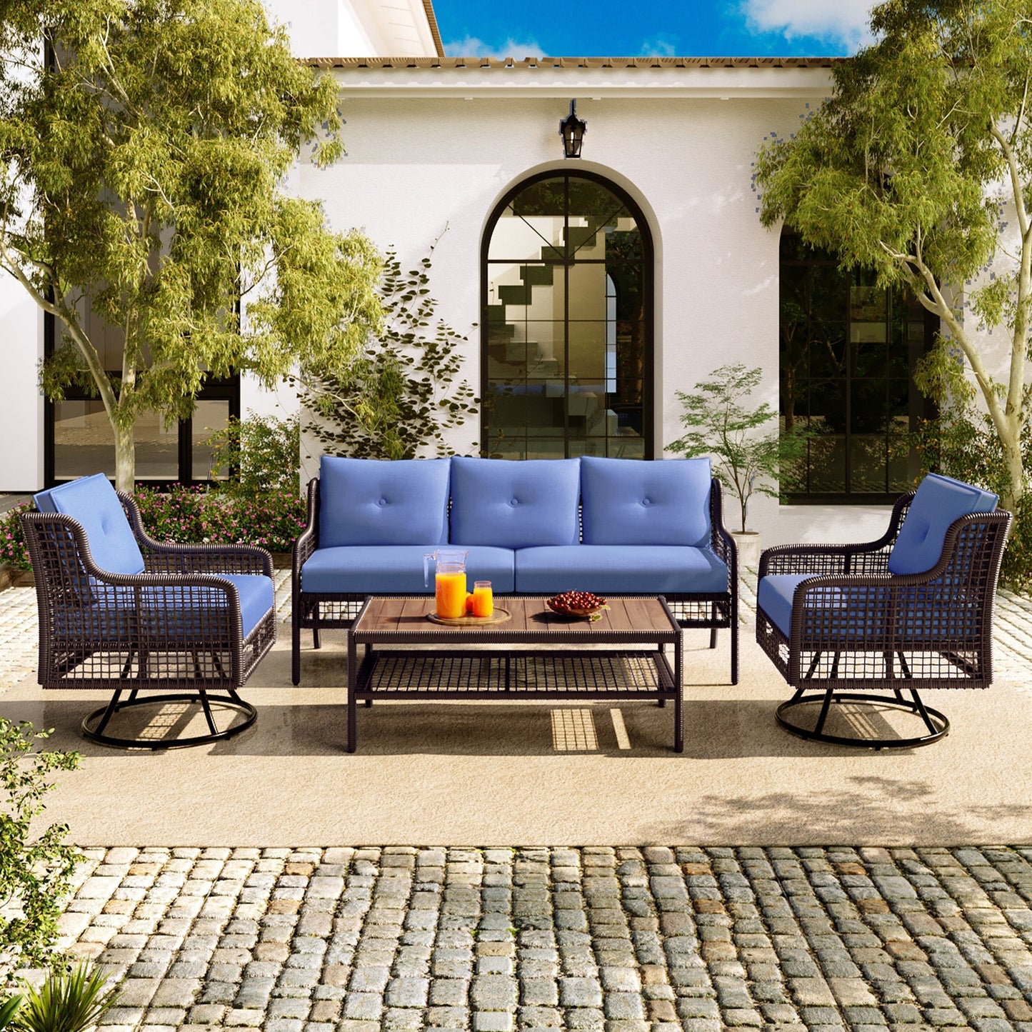 Outdoor Patio Set PE Rattan 4 Piece Swivel Chair Seats 5