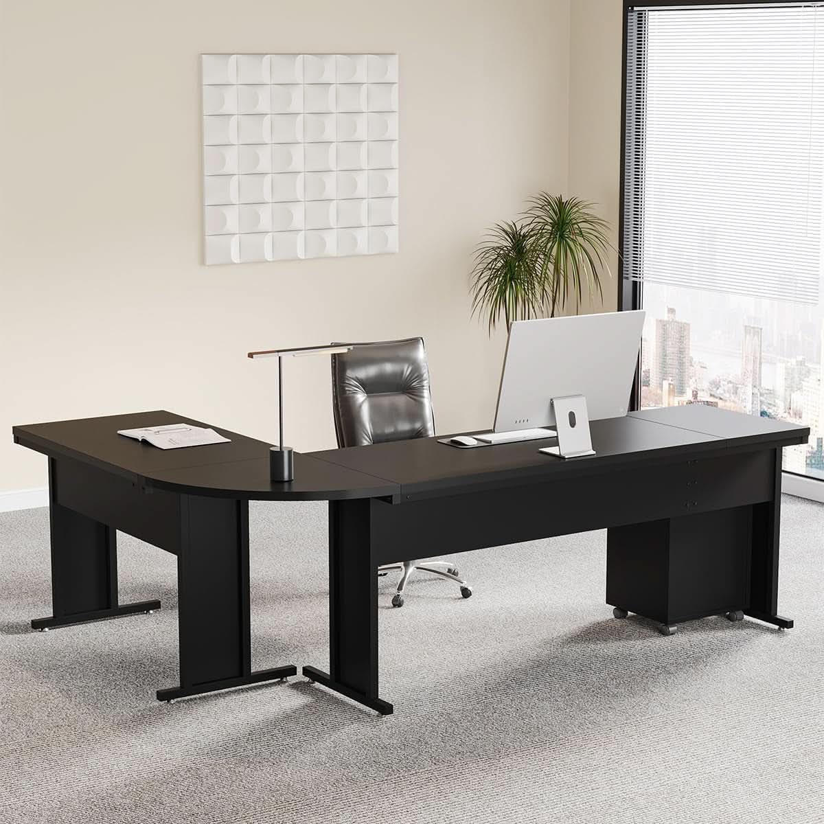 83 Inch L Shaped Executive Desk With 3 Drawer Cabinet