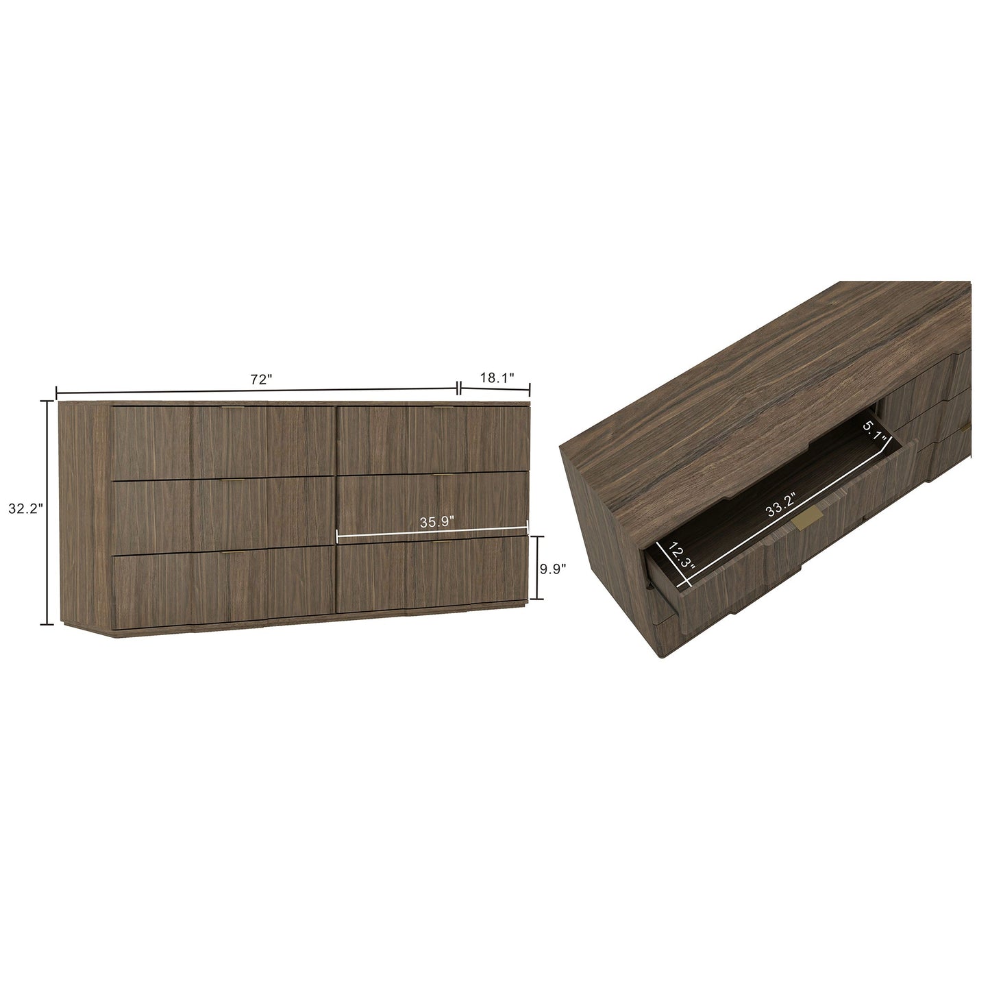 Dresser Modern 6-Drawer Walnut Gold MDF Sculpted Fronts Metal Handles 72 In