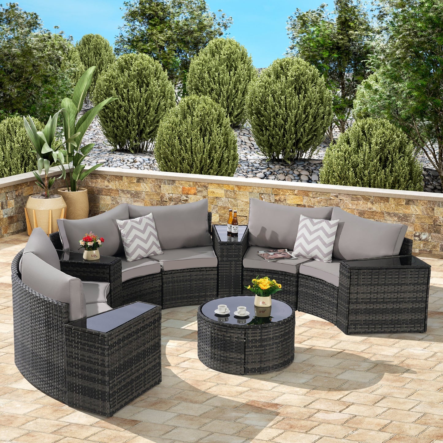 11 Piece PE Rattan Outdoor Sectional Set Light Gray
