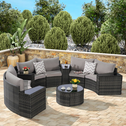 11 Piece PE Rattan Outdoor Sectional Set Light Gray