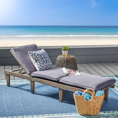 Outdoor Chaise Lounge Acacia Wood Gray Full-Length Cushion 78.75x24x30.5 In