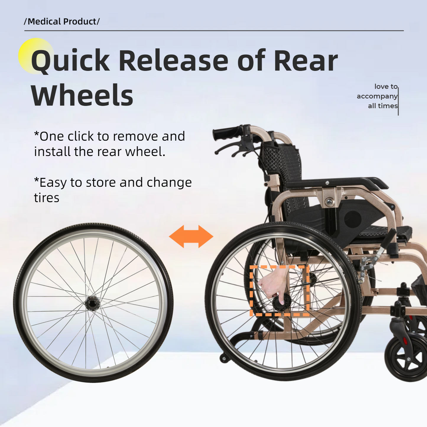 Wheelchair Manual Transport Folding Aluminum 18 In Seat 250 LB Gold Black