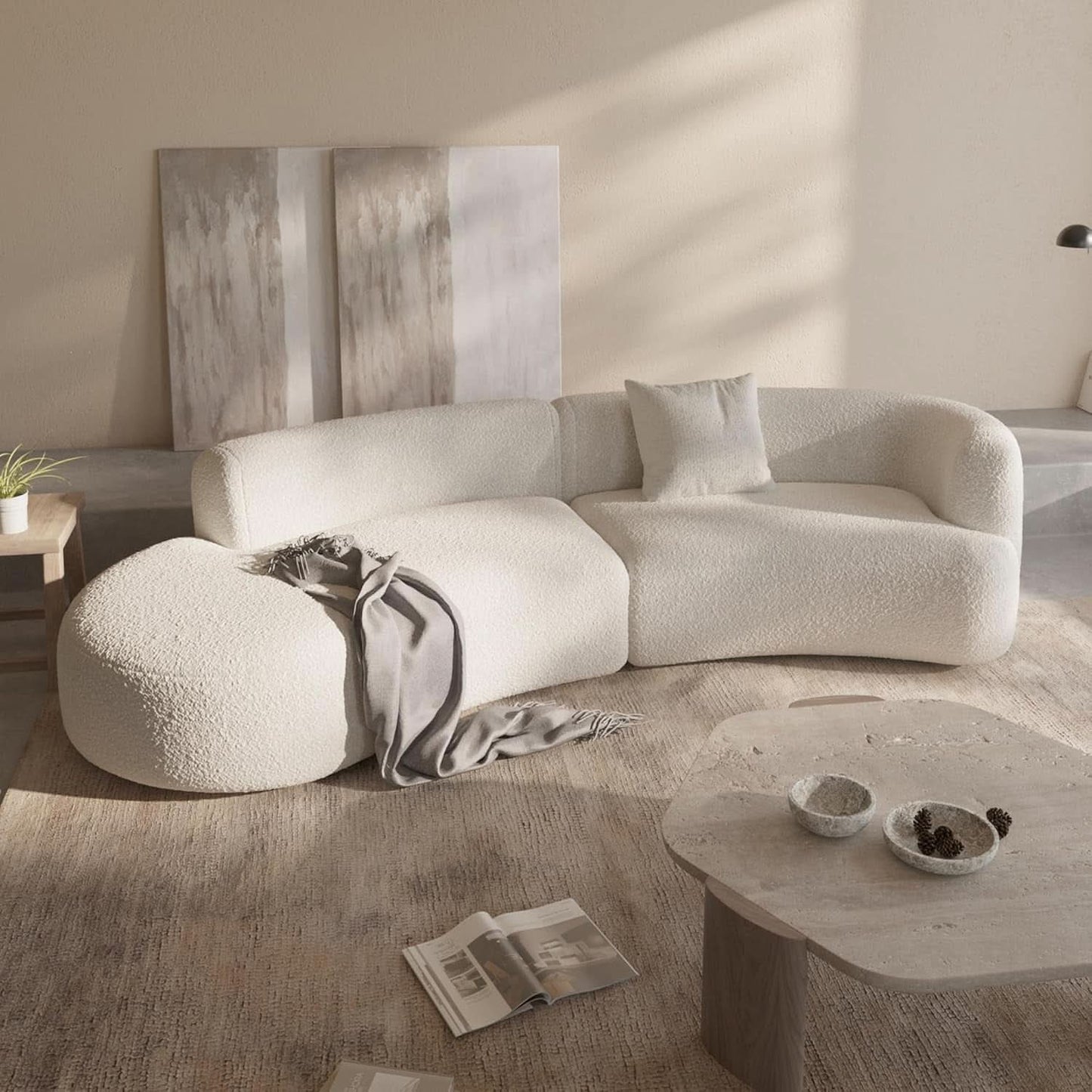 White Boucle Curved Sectional Sofa Modular Living Room