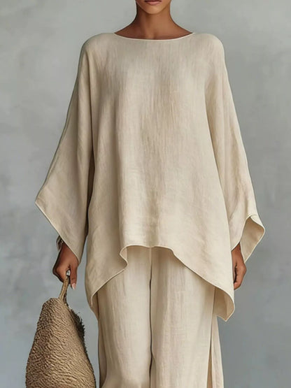 Full Size Round Neck Top and Wide Leg Pants Set Plus Size