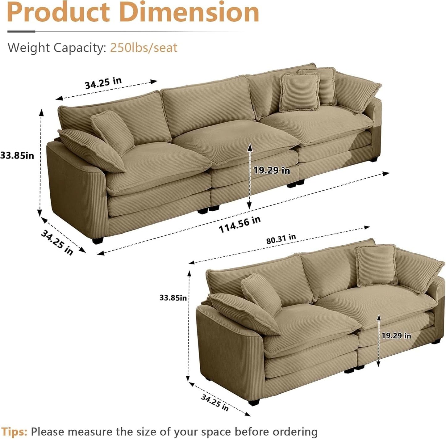 Oversized 2 Piece Sofa Set Camel 3 Seater And Loveseat