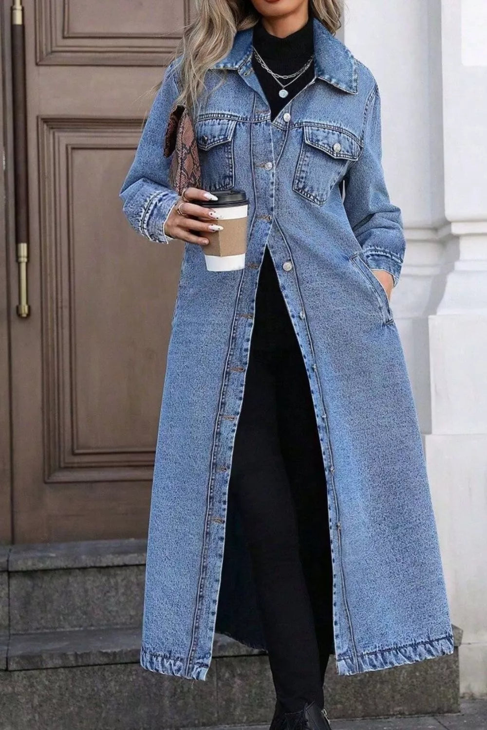 Longline Button-Front Denim Jacket