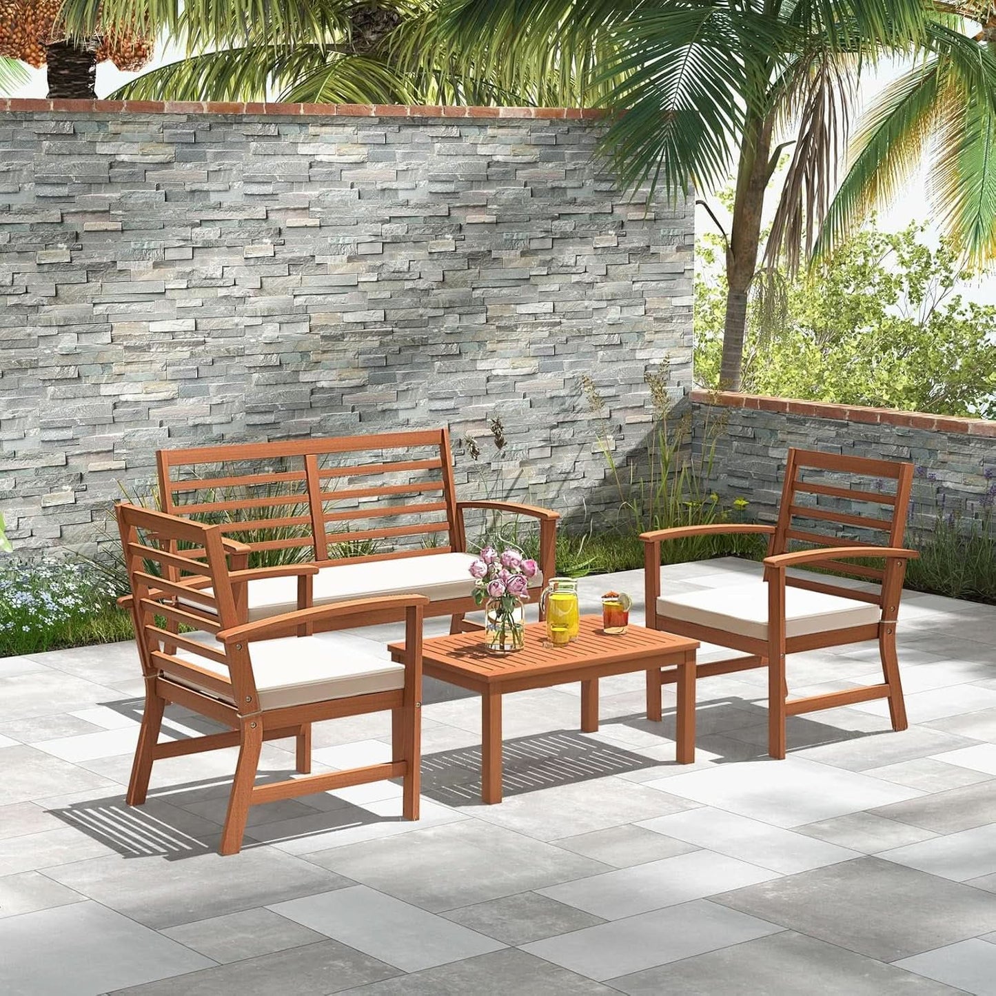 Acacia Wood Outdoor Conversation Set With Cushions White