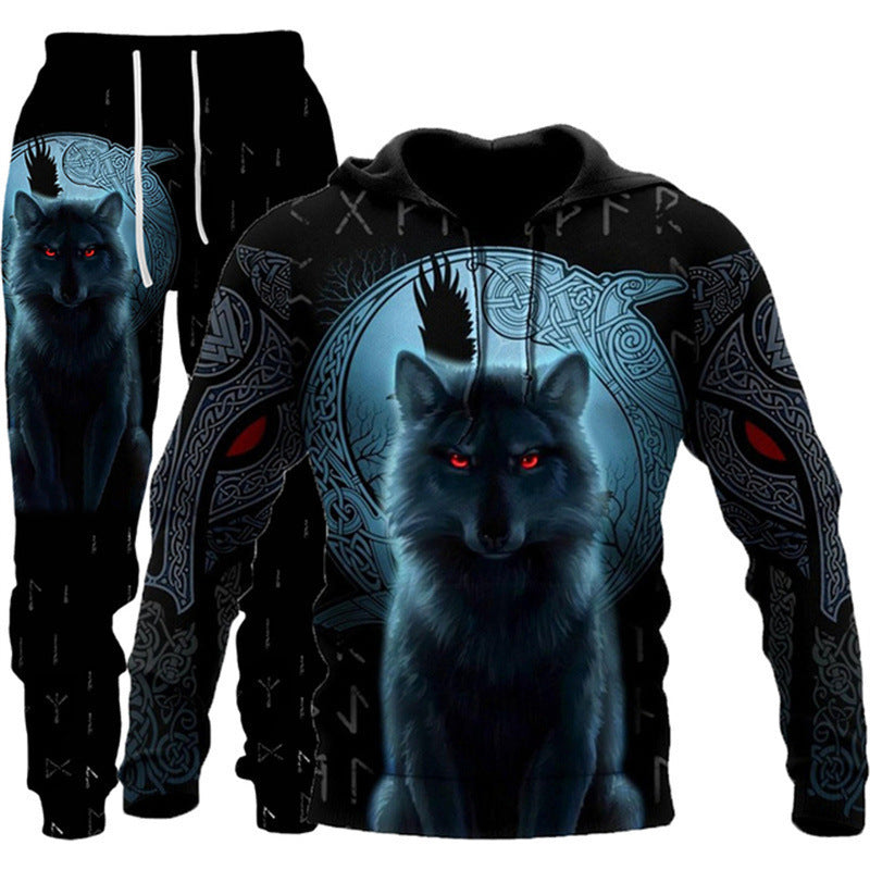 Animal-print Hooded Pullover Sweatshirt And Menswomens Sportswear Set