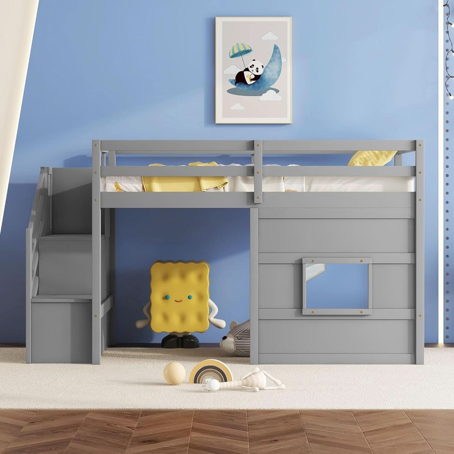 Twin Size Low Loft Bed In Gray With Stairs Storage