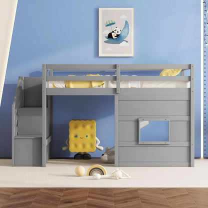 Twin Size Low Loft Bed In Gray With Stairs Storage