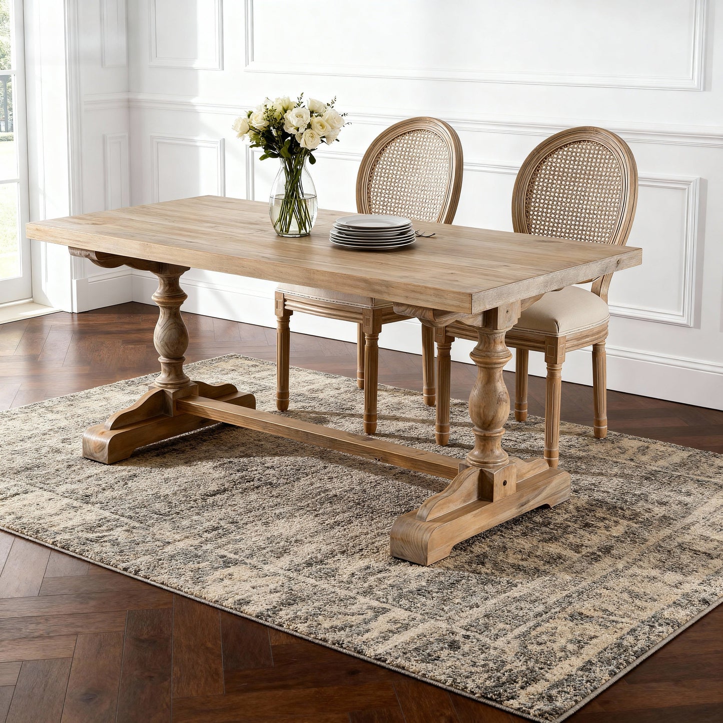French Style Solid Wood Linen Fabric Rattan Back Dining Chair, Set of 2, Beige