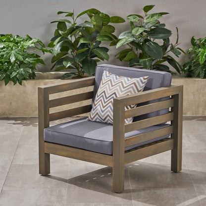 Outdoor Club Chair, Acacia Wood Patio Chair with Fabric Cushion, Backyard, Grey