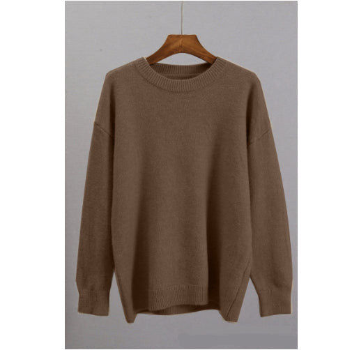 Womens Knitted Crew-neck Solid-color Loose Sweater