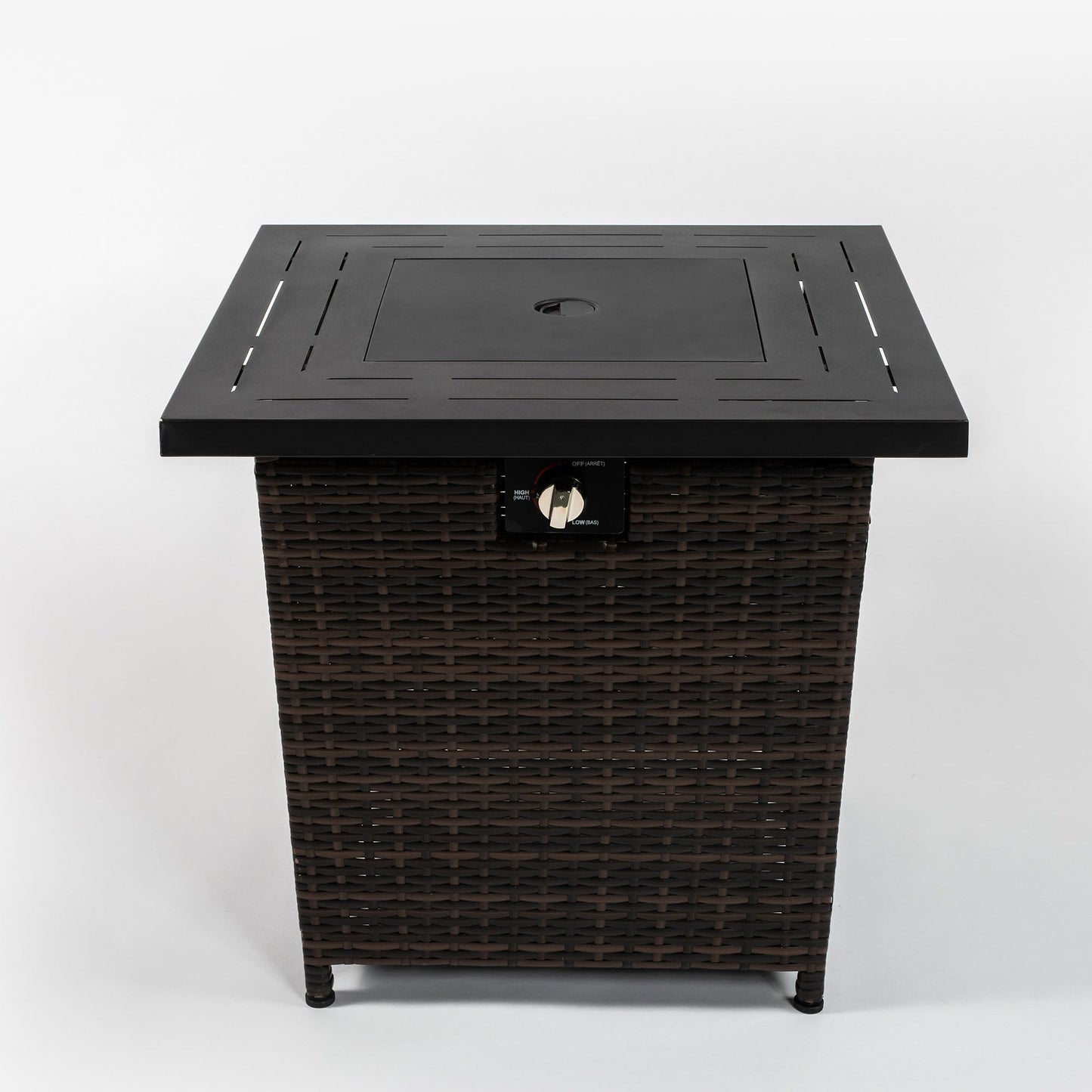 28 Inch Black Wicker Outdoor Propane Gas Fire Pit Table Steel Top 50000 BTU
