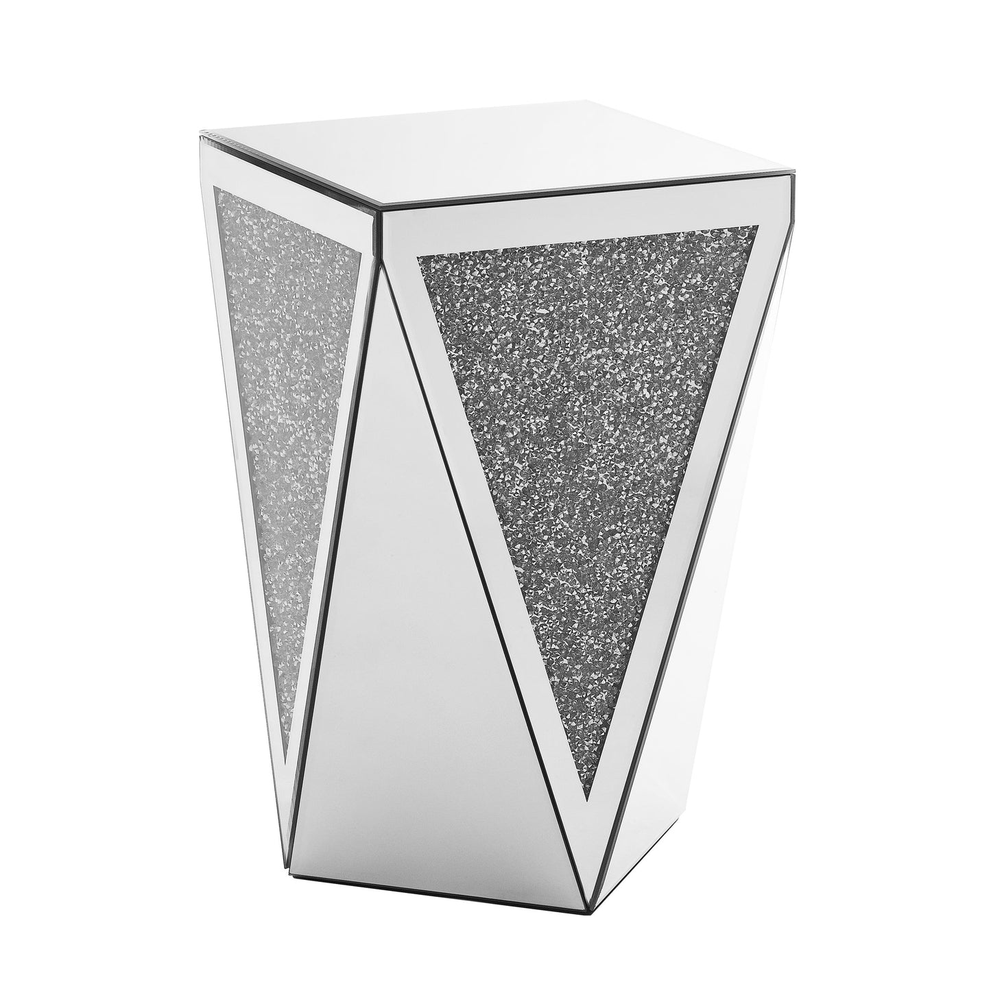 Inverted Triangle Mirror Coffee Table, Crystal Diamond Inlaid, Silver Glass