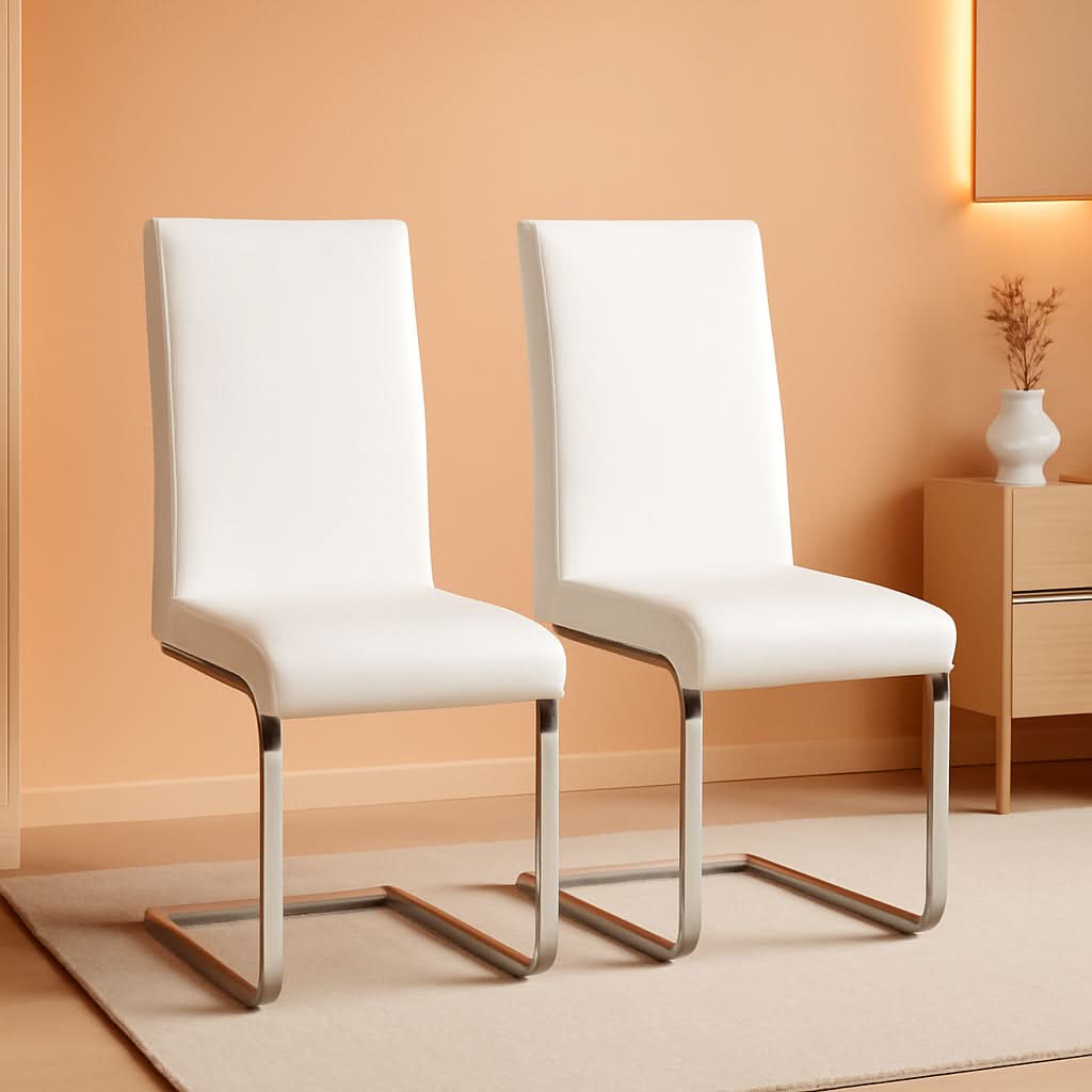 Set Of 2 High Back Faux Leather Dining Chairs White