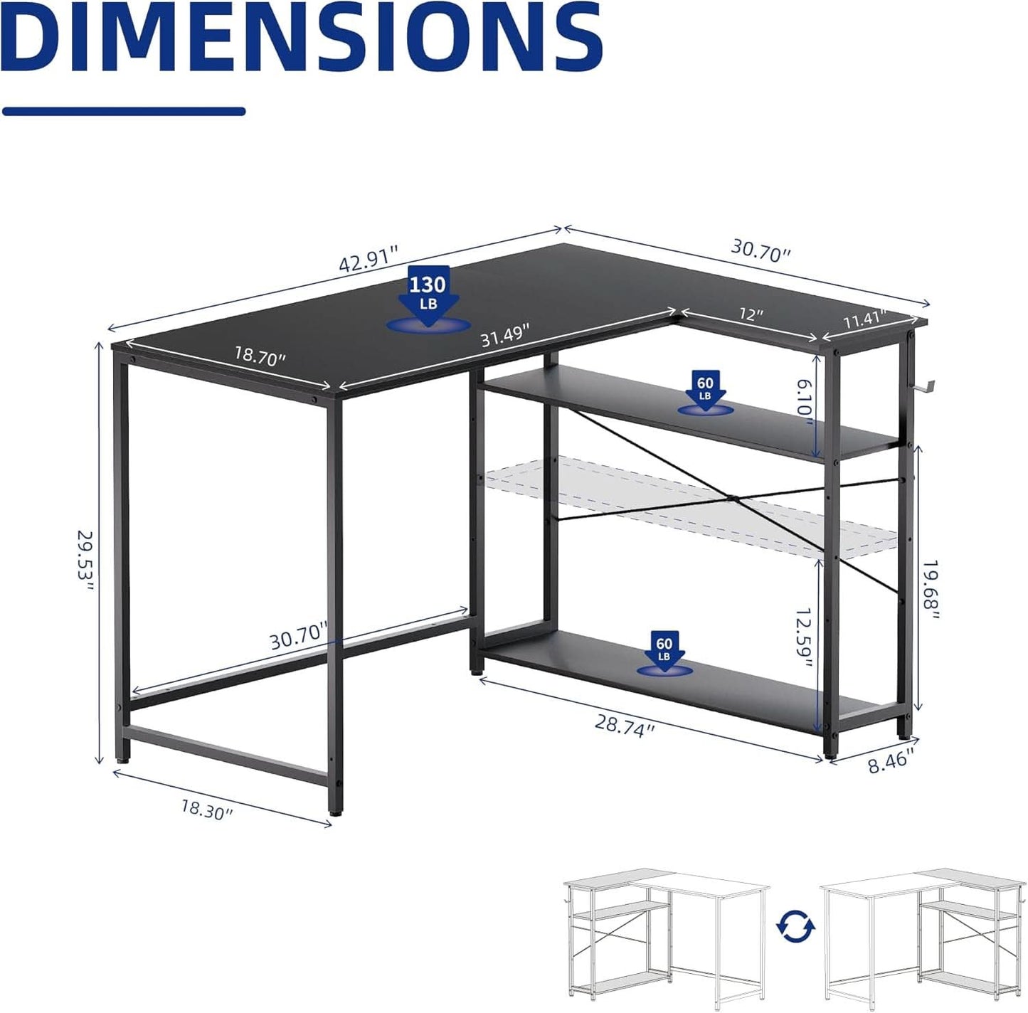43 Inch L Shaped Computer Desk With Reversible Shelves Black