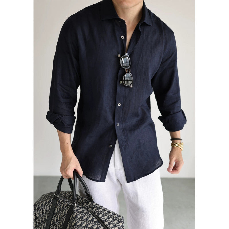 Mens Navy Blue Linen Fashionable Casual Shirt