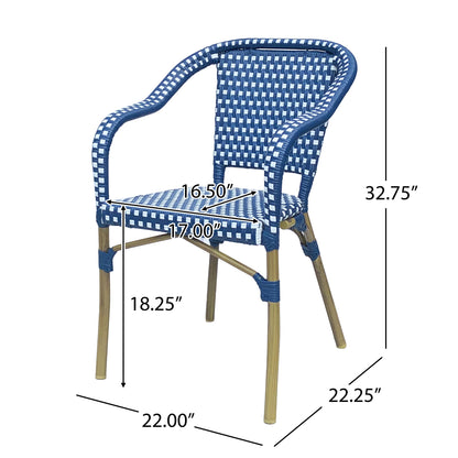 Outdoor Bistro Chair Set of 2, Rattan Wicker Aluminum Frame, White and Navy