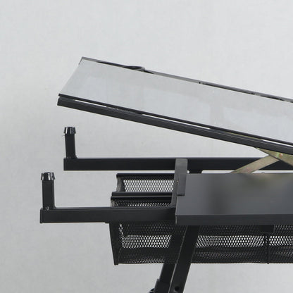 black adjustable tempered glass drafting printing table with chair