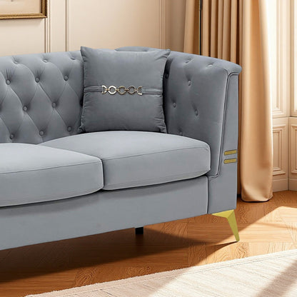 Mid-Century Velvet Sofa Set 2pc Tufted Gray Gold Legs