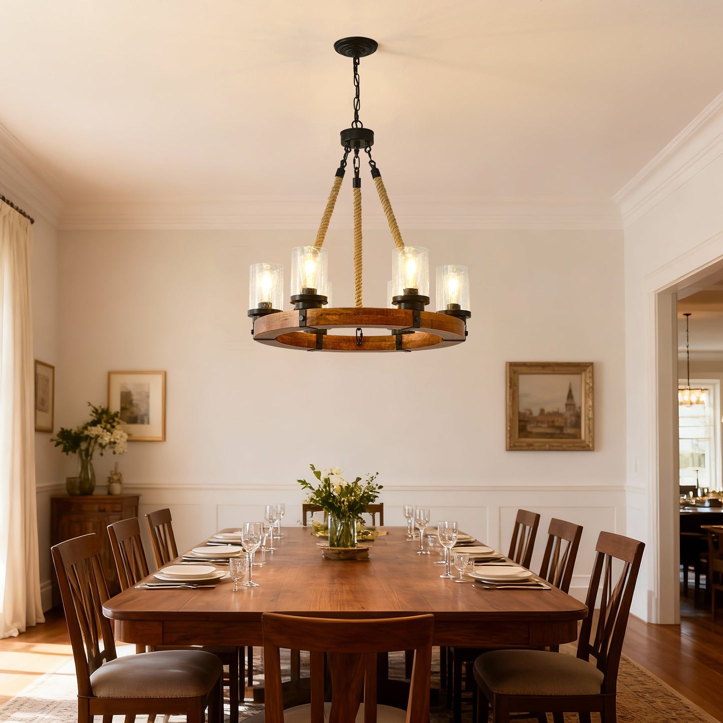 Chandelier Wood Round 6-Light Wagon Wheel Farmhouse Seeded Glass 23.62 In