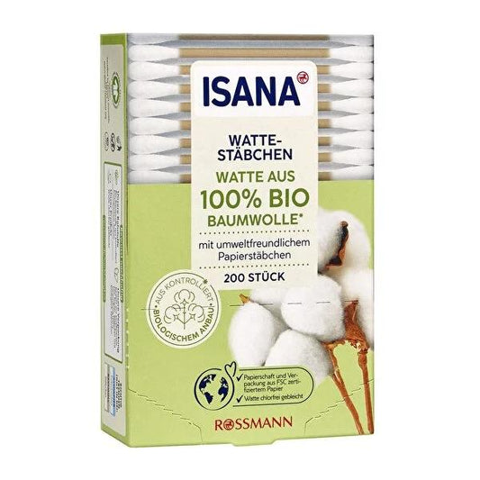 Isana Organic Cotton Swabs 200 Count - Eco-Friendly, Biodegradable, Natural Personal Care