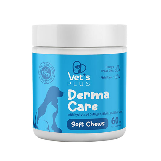 Vet's Plus Dermal Care Supplement for Dogs and Cats - Natural Skin and Coat Support with Collagen, Biotin, and Omega 3 - 60 Chewable Tablets