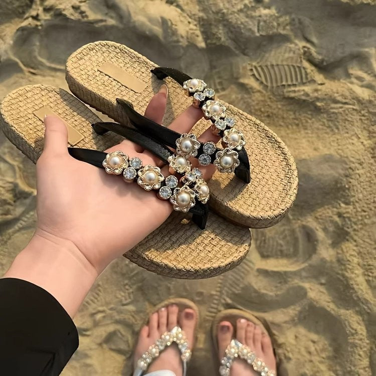 French Style Pearl Rhinestone Thong Slippers For Women,Straw Flat Anti-Slip Versatile Outdoor Beach Slides
