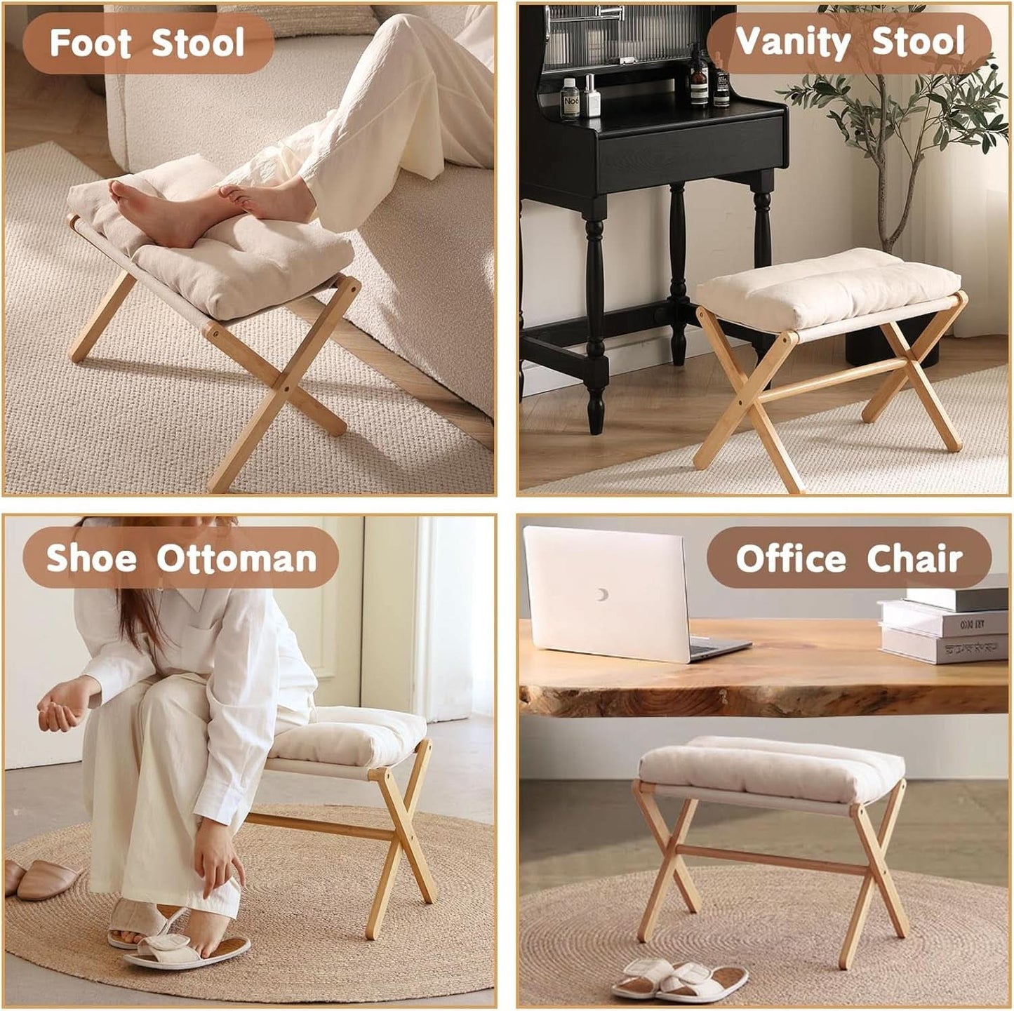 Bamboo Foldable Ottoman Foot Rest Beige Upholstered