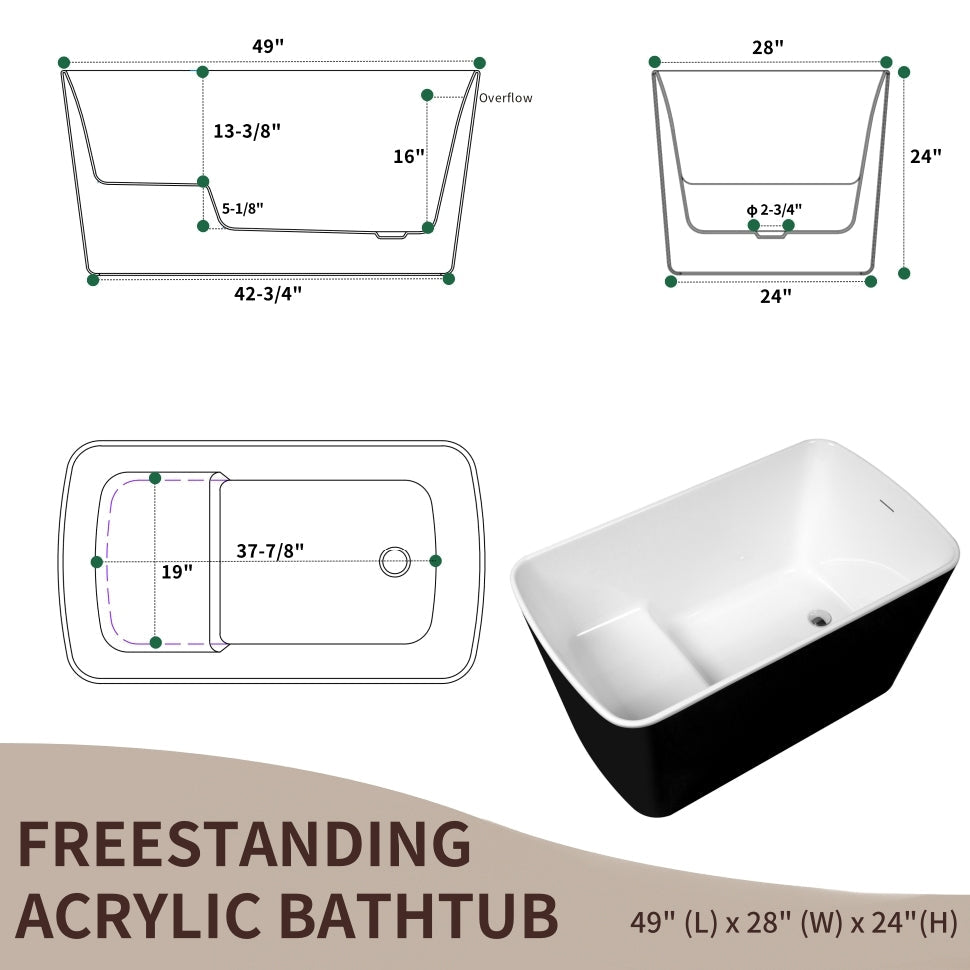 49in Acrylic Freestanding Soaking Bathtub, Square Japanese Sit-In, Glossy Blac
