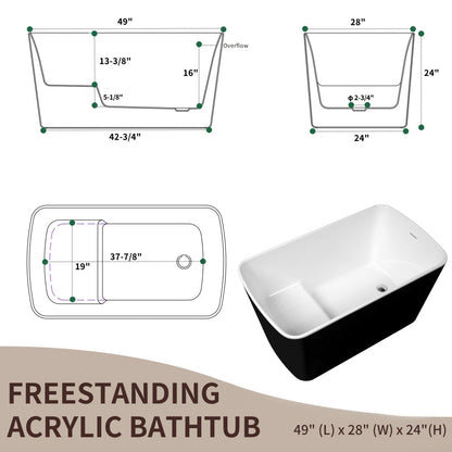 49in Acrylic Freestanding Soaking Bathtub, Square Japanese Sit-In, Glossy Blac