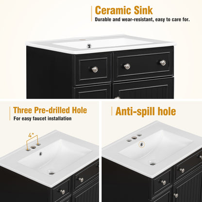 Transitional Bathroom Vanity Cabinet with Ceramic Sink, 24-Inch, Black, Solid...