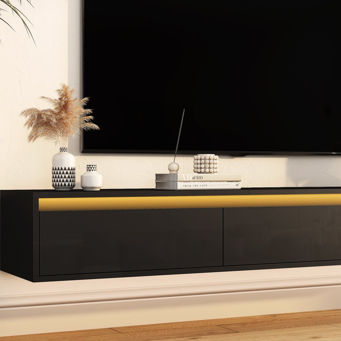 TV Stand Wall-Mounted Floating LED Black MDF 3 AC 2 USB Fits 65 In TV