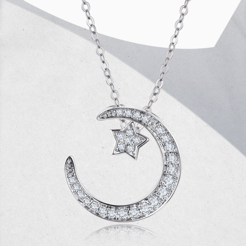 S925 Sterling Silver Star & Moon Necklace, D-VVS1 Moissanite Pave Pendant, Platinum Plated 38&41cm Chain, 1.6g Jewelry Gift Box With GRA Certificate