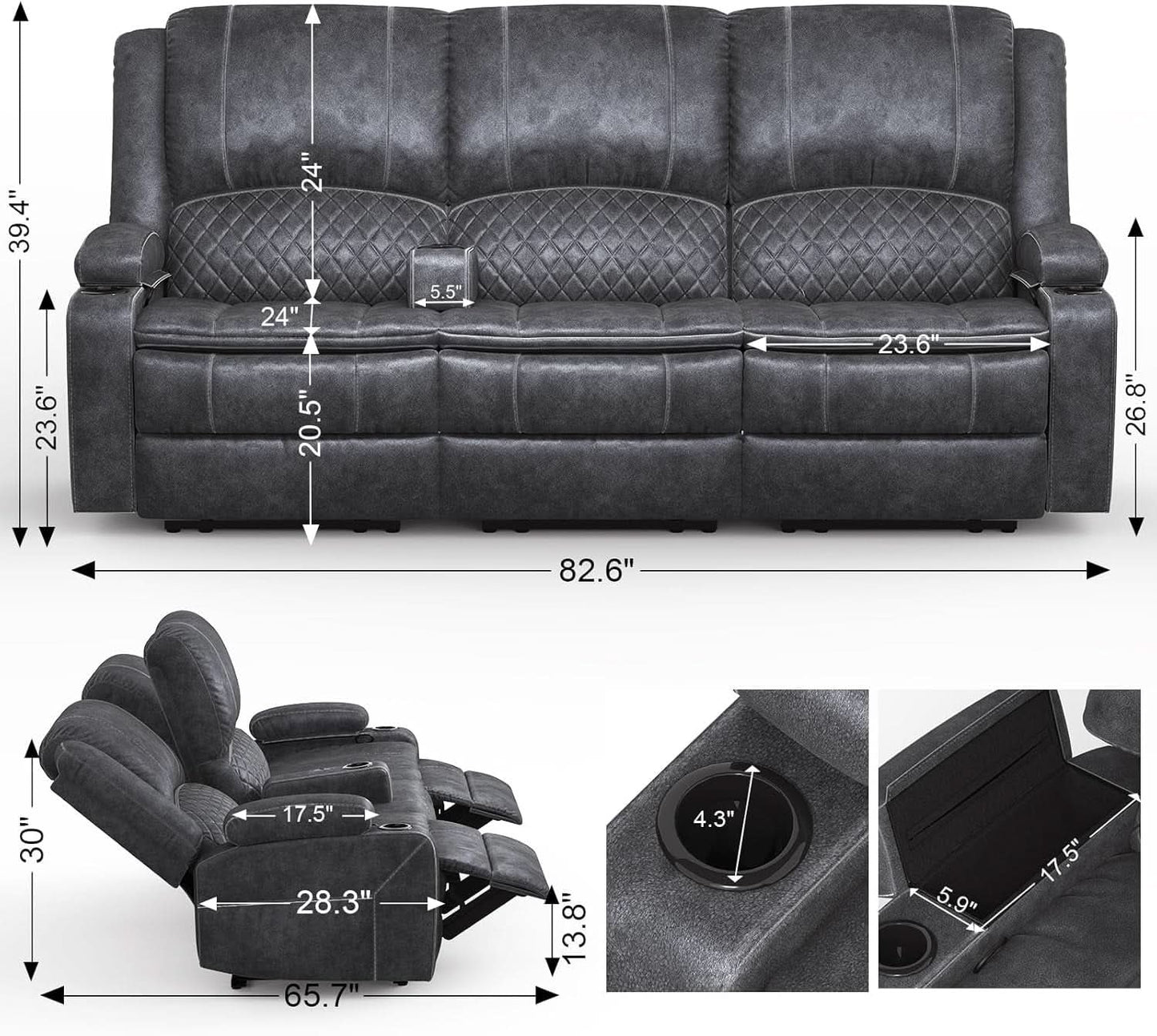 Grey Three Seater Manual Recliner Sofa Modern Living Room