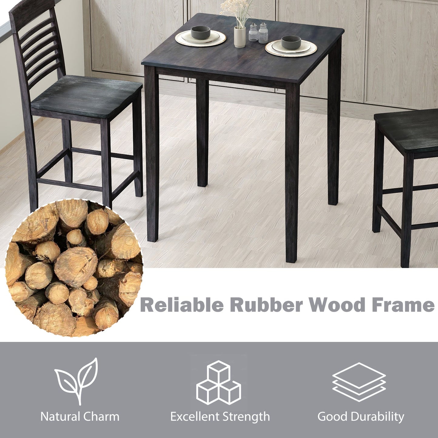 Square Dining Table with Solid Wood Frame for 4-Person