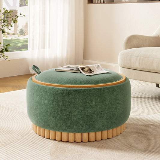 29 Inch Round Storage Ottoman Solid Rubberwood Legs Chenille, Green