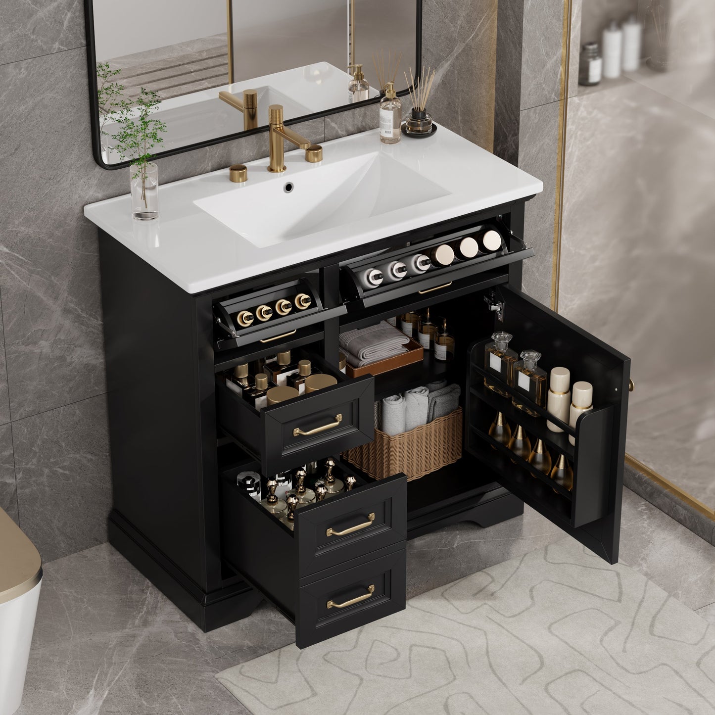 36-Inch Bathroom Vanity with Ceramic Sink Top, 4 Drawers and 1 Soft-Close Door