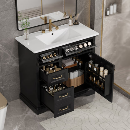 36-Inch Bathroom Vanity with Ceramic Sink Top, 4 Drawers and 1 Soft-Close Door
