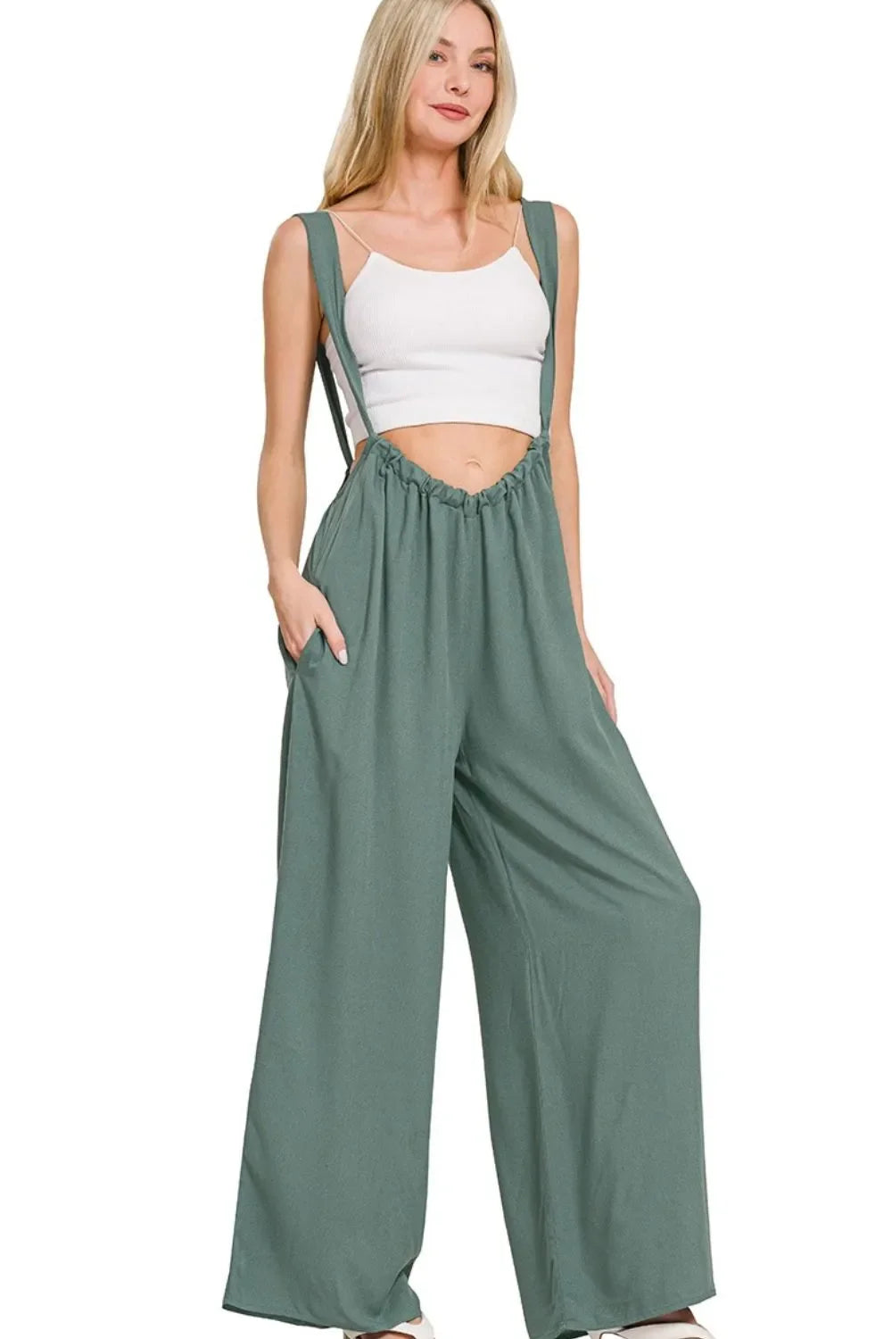 Zenana Woven Tie Back Suspender Jumpsuit