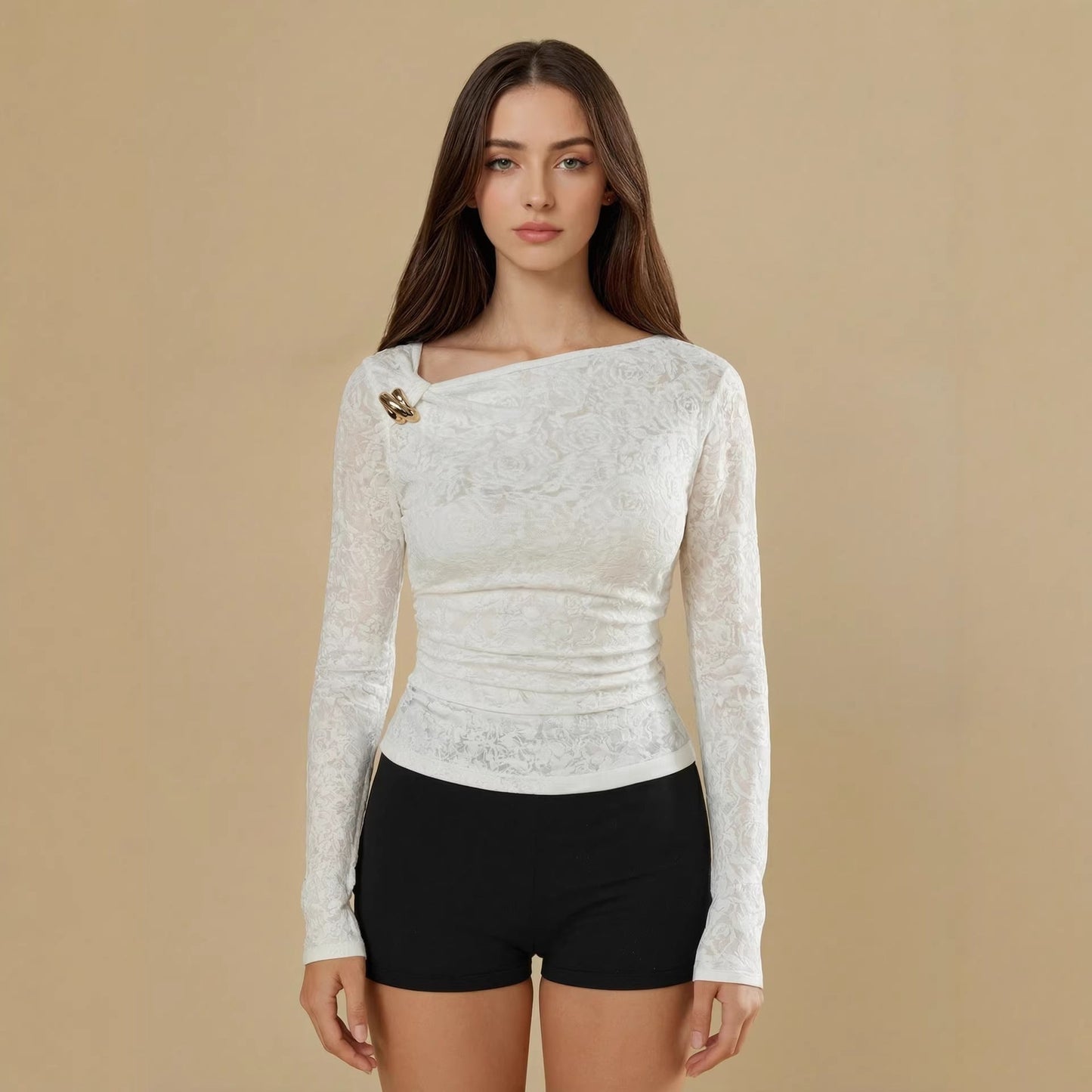 New Womens Versatile Long-sleeve Top With An Irregular Sheer Design