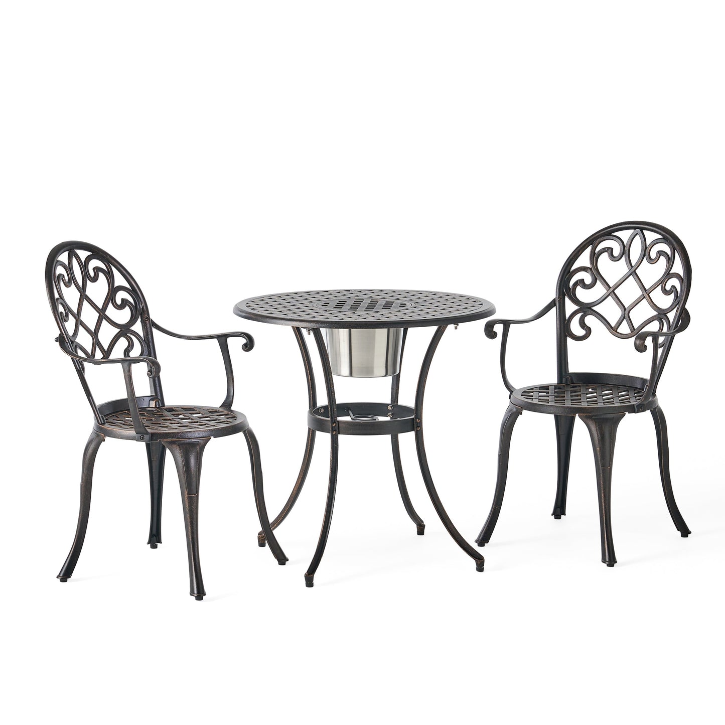 Outdoor Bistro Set Cast Aluminum Copper 3 Piece Ice Bucket Table 2 Chairs