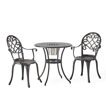 Outdoor Bistro Set Cast Aluminum Copper 3 Piece Ice Bucket Table 2 Chairs